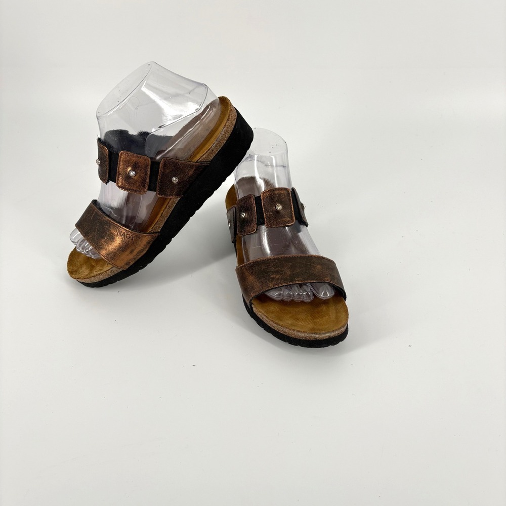 Naot Women Bronze Metallic Leather Slide Sandals Crystal Accent Comfort Shoes